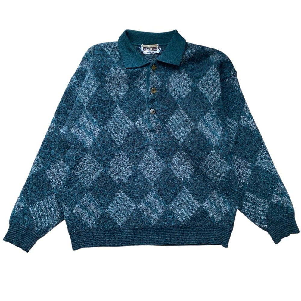 Pronto Uomo Knit Sweater Diamond Geometric Pattern Green Small Made In Italy L/S